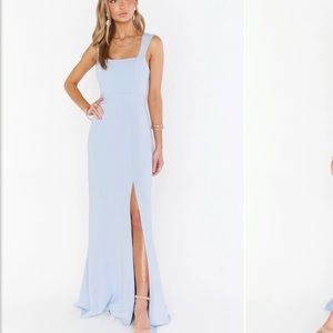 Show Me Your Mumu Paris Gown Bridesmaid Dress in Steel Blue Stretch